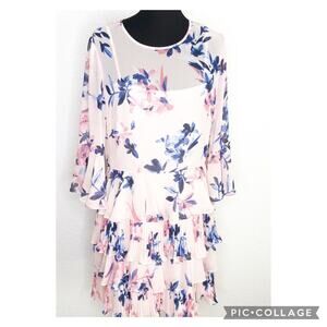 Eliza J pink and blue floral tiered ruffled skirt bell sleeve dress size 14